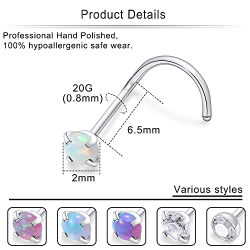 Cisyozi 18G 20G 22G Nose Rings Studs Surgical Steel Nose Stud Set 1.5mm 2mm 2.5mm 3mm Diamond Cubic Zirconia Opal Screw L Shaped Straight Nose Piercing Jewelry for Women Men - color: C:20G-Screw -2mm