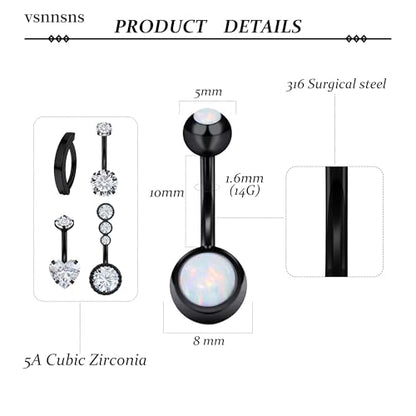 Vsnnsns 14G Clicker Belly Button Ring Piercing Jewelry 316L Stainless Surgical Steel Diamond CZ Navel Rings Clear CZ Clip Belly Button Ring Piercing Jewelry for Women Men 14 Gauge 10MM 12MM - color: 10MM-Black-CZ