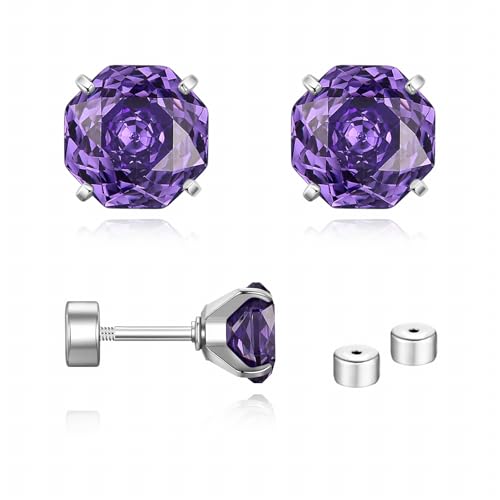 Zircon Flat Back Screw Hypoallergenic Surgical Steel Stud Earrings - color: Simply Purple, size: 2ct - 0.32 Inch (8mm)