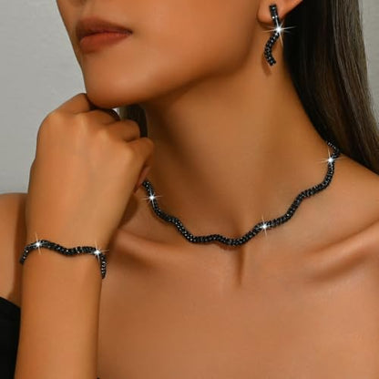 Gold Rhinestone Jewelry Set for Women Crystal Choker Necklaces Drop Earrings Adjustable Bracelet Elegant Prom Bridal Jewelry - color: Black