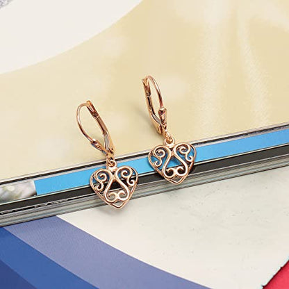 LeCalla 925 Sterling Silver Leverback Drop Earrings | Lightweight Italian Teardrop Dangle Earring for Women - color: Heart Filigree
