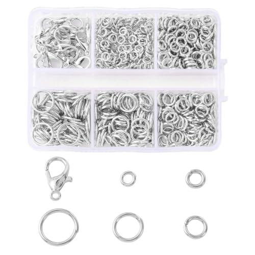 Jewelry Making Findings Kit with 5 Size Open Jump Rings, 20 Lobster Clasps | Complete Platinum Toned Jewelry Findings Kit with Packaging Box for DIY Crafts, Repair and Beading - color: Platinum