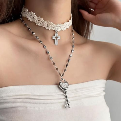 White Lace Cross Strap Key Choker Necklace for Women Cool Heart Chain Double Layer Necklace Fashion Party Jewelry Gift