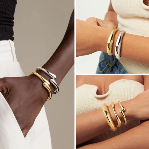 M MOOHAM Chunky Gold Bangle Bracelets for Women, Dainty 14k Gold-Plated Thicker Statement Bangles Twist Cuff Bracelet Set Stack for Women Non Tarnish Trendy Jewelry Gifts - color: 05. Open Bangles-2PCS