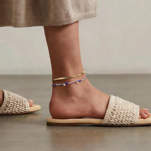 KissYan Beaded Ankle Bracelet for Women, Bead Anklet with Dangling Charm, Beach Waterproof Foot Jewelry Gifts for Her - color: Blue