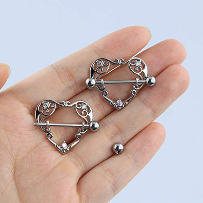 14G Heart Nipple Rings for Women Surgical Steel CZ Nipple Piercings Nipple Barbells Nipple Bars Gold Silver Rose Gold - color: Silver