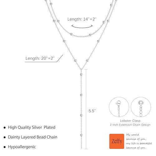 Zeffy Lariat Gold Necklace for Women, Dainty Long Necklace 14k Gold/Silver Plated Layered CZ Beaded Bar Chain Y-Shaped Body Chain Stack Drop Wedding Necklace Trendy Simple Gold Jewelry Gifts - color: Silver Y Bead Necklace (1PCS)