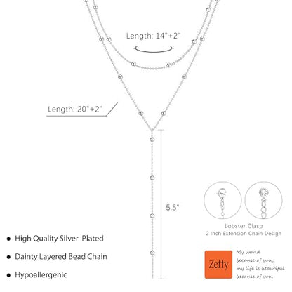 Zeffy Lariat Gold Necklace for Women, Dainty Long Necklace 14k Gold/Silver Plated Layered CZ Beaded Bar Chain Y-Shaped Body Chain Stack Drop Wedding Necklace Trendy Simple Gold Jewelry Gifts - color: Silver Bead Y Necklace (1PCS)