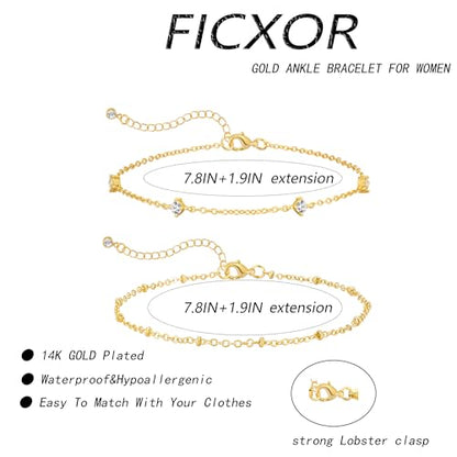 Gold Ankle Bracelets for Women,Dainty 14K Gold Plated Anklets for Women Waterproof Herringbone Beaded Satellite Anklets Set Layered Anklet Bracelets for Women Gold Jewelry Gift - color: Set 8