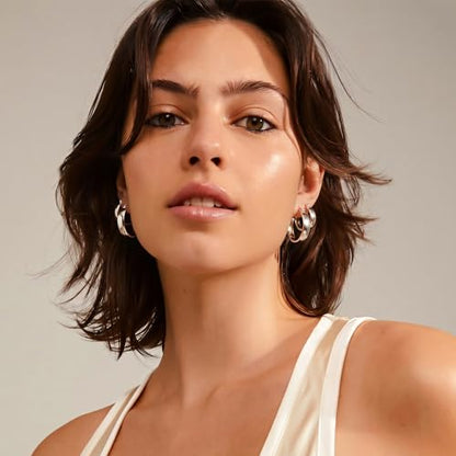 5mm Chunky Hoop Earrings Set, 3 Pairs Durable Bold Small Gold Hoop Earrings, Hypoallergenic 925 Silver Post Huggie Hoops, Lightweight Stacked-Style Thick Hoops Earring for Women - color: Silver, size: 15/20/25mm