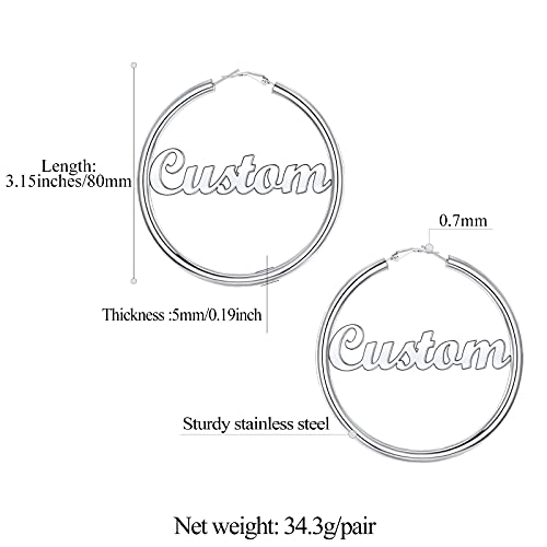 FindChic Hoop Earrings for Women, Silver/Black/14K Gold Plated Hypoallergenic Hollow Round Tube Loop Earrings, 20mm/30mm/40mm/60mm/80mm Chunky Hoops with Custom Name Options & Gift Box - color: e.Silver (Custom Name), size: 80MM