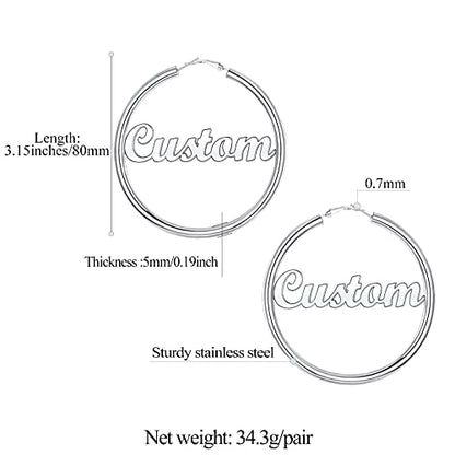 FindChic Hoop Earrings for Women, Silver/Black/14K Gold Plated Hypoallergenic Hollow Round Tube Loop Earrings, 20mm/30mm/40mm/60mm/80mm Chunky Hoops with Custom Name Options & Gift Box - color: e.Silver (Custom Name), size: 80MM
