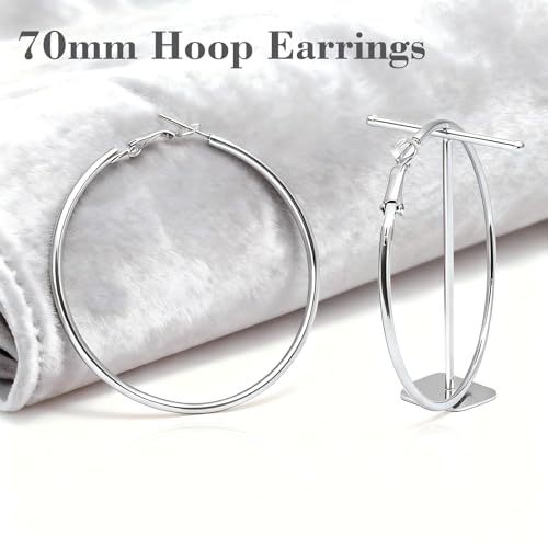 1 Pairs 60/70mm Silver 14K Gold Rose Gold Hoop Earrings for Women Hypoallergenic Stainless Steel Lightweight Big Hoops Shiny Dangle Earrings Trendy Jewelry Gifts - color: 70mm-Silver Hoop Earrings