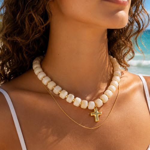 Colorful Resin Chunky Beaded Necklace for Women Modern Statement Choker Necklace with Gold Tone Cross Pendant Boho Summer Jewelry Gift - color: Ivory White-1