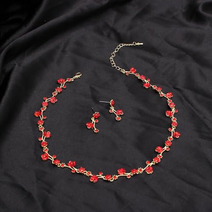 Elegant Brides Austrian Crystal Flower Choker Necklace Drop Dangle Earring Bracelet Wedding Jewelry Set for Bridesmaid Prom Costume Jewelry Set for Women - color: Siam-Gold Plated