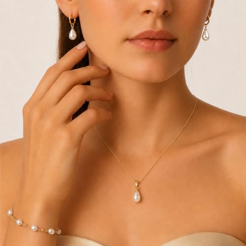 3Pcs Women's Gold Pearl Jewelry Set – 14K Gold-Plated Necklace Earrings And Bracelet Combo Includes An Exquisite Pearl Pendant Necklace Pearl Drop Earrings And An Adjustable Bracelet Perfect For Weddings Or As A Jewelry Gift For Her