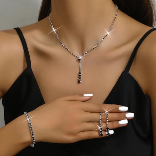 MIFYNN Rhinestone Wedding Set for Women Sparkle Crystal Earrings Necklace Bracelet Jewelry Set Wedding Party Prom Jewelry Set for Brides Bridesmaid - color: Black