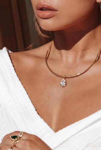 14K Gold Plated Collar Choker Necklace for Women Charm Jewelry | Trendy Dainty Statement Fashion Cubic Zirconia Pendant Necklace - color: 91A