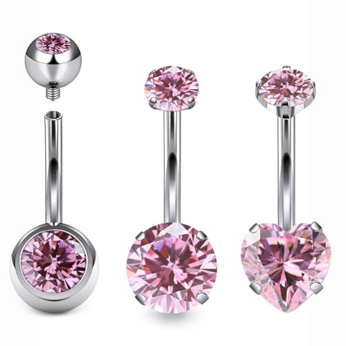 Belly Button Rings Surgical Steel Internally Threaded Belly Button Ring 10MM/12MM/14MM/16MM Navel Rings for Women Clear CZ 14G Long Bar Navel Piercing Jewelry - color: pink, size: 10mm bar length