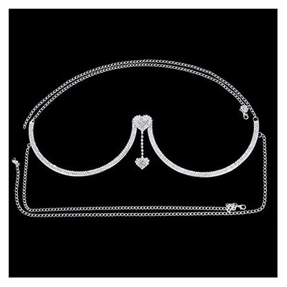 Rhinestone Chest Bracket Chain Trendy Crystal Heart Pendant Bra Chain Sexy Bikini Body Chain Jewelry for Women - color: Silver