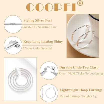 3mm Wide Large Hoop Earrings for Women Hypoallergenic 925 Sterling Silver Post Gold Earrings Lightweight Silver Hoop Earrings Oversize Big Gold Hoops 30/40/50/60MM - color: Silver, size: 20mm