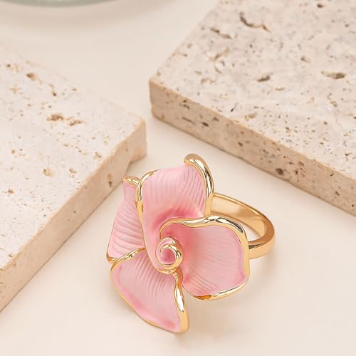 Kokoma Elegant Pink Enamel Rose Flower Ring for Women, Adjustable Open Band Floral Statement Wedding Promise Band Ring Fashion Jewelry