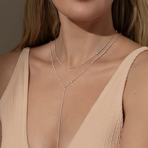 Foxgirl Lariat Gold Necklace for Women, Dainty Long Necklace 14k Gold Plated/Silver Y-Shaped Pendant Necklace Trendy Layered Cz Beaded Chain Drop Necklaces Simple Gold Jewelry For Women Gift - color: Y Layered Bead Necklace-SL