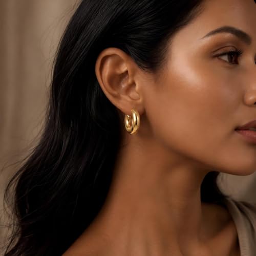 Necocy Chunky Gold Hoop Earrings for Women Non Tarnish, 14k Gold Plated Thick Triple Hoop Earrings Hypoallergenic Trendy Hoops Dainty Jewelry Gifts for Women - style: Chunky Tube C-Hoop