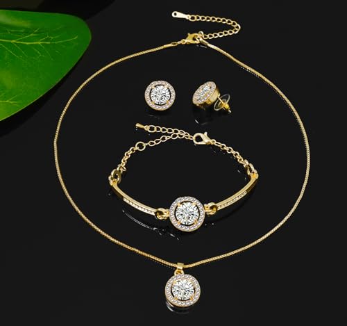 Women 4Pieces Cubic Zirconia Jewellery Set Rhinestone Necklace Earrings Bracelet Ring - color: Gold