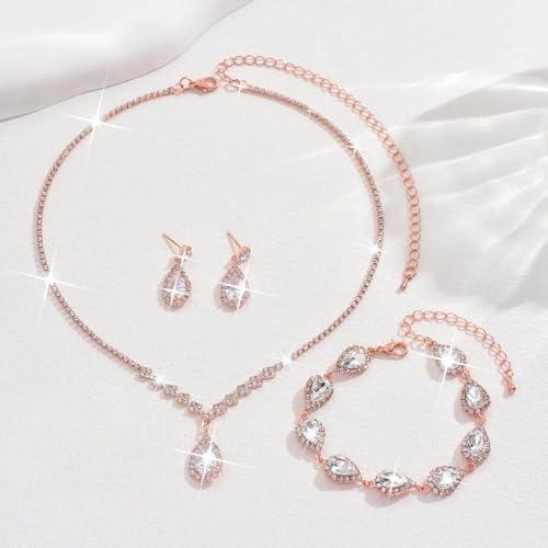 Unicra Bride Crystal Necklace Earrings Set Bridal Wedding Jewelry Sets Rhinestone Choker Necklace Prom Costume Jewelry Set for Women and Brides - color: D-3 Pack Rose Gold Necklace Bracelet Earrings