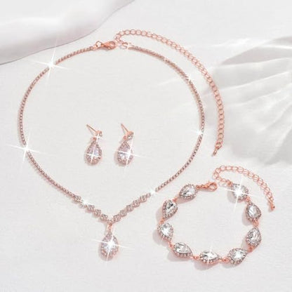 Unicra Bride Crystal Necklace Earrings Set Bridal Wedding Jewelry Sets Rhinestone Choker Necklace Prom Costume Jewelry Set for Women and Brides - color: D-3 Pack Rose Gold Necklace Bracelet Earrings
