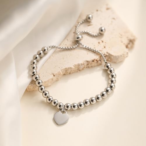 Trendy Heart Beads Bracelets For Elegant Women Adjustable 18K Gold Plated Stainless Steel Jewelry - color: silver heart beads