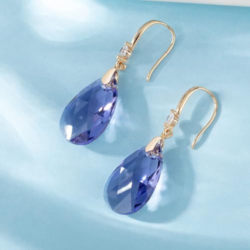 Austrian Crystal Teardrop Dangle Drop Earrings for Women 14K Gold Plated Hook Earring Hypoallergenic Jewelry Gifts for Women Girls - color: Tanzanite