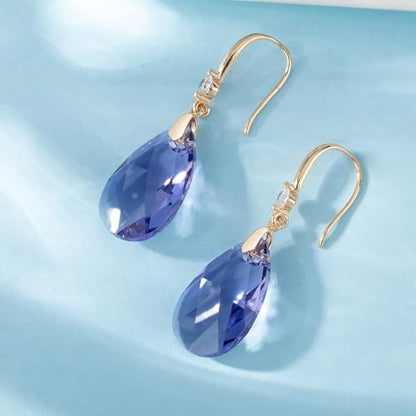 Austrian Crystal Teardrop Dangle Drop Earrings for Women 14K Gold Plated Hook Earring Hypoallergenic Jewelry Gifts for Women Girls - color: Tanzanite
