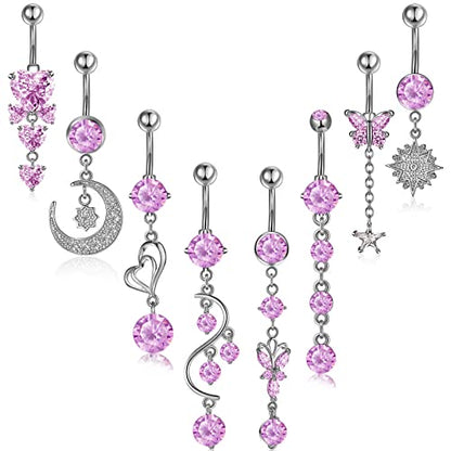 Hicarer 8 Pieces 14G Belly Button Rings Steel Long Dangle Navel Ring CZ Body Piercing Jewelry - color: silver pink