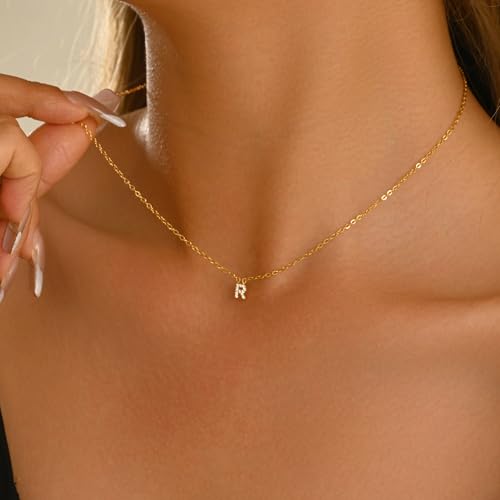 Small Letter Necklace for Women 18K Gold Plated Cubic Zirconia Tiny Initial Necklace Dainty Personalized Name Necklaces - color: R-Gold