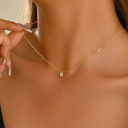 Small Letter Necklace for Women 18K Gold Plated Cubic Zirconia Tiny Initial Necklace Dainty Personalized Name Necklaces - color: R-Gold