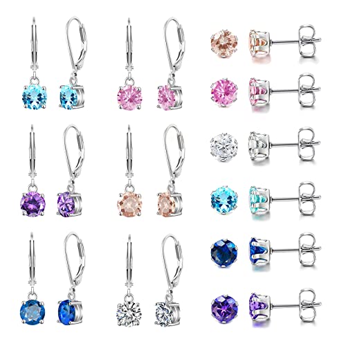 Multicolor Crystal Dangle Studs Earrings Set for Women 925 Silver Hypoallergenic Dangle Earrings Leverback Drop Earring Fashion Cubic Zirconia Leverback Stud Earring Sets Trendy Cubic Zirconia Jewelry Gifts for Women - style: 12-S
