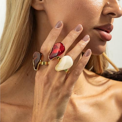 Chunky Statement Ring for Women Colorful Big Resin Rings Statement Irregular Geometric Shaped Large Ring Boho Summer Beach Vacation Chunky Jewlery - color: Brown
