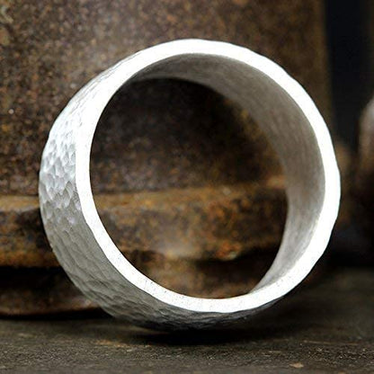 925 Sterling Silver Wedding Ring Hammered Flat Pipe Cut Textured Thick & Durable Handmade Unisex Mens & Women Rustic Engagement Promise Band - US Size 4-13 - Custom Engraving - color: 01 - 8mm Silver