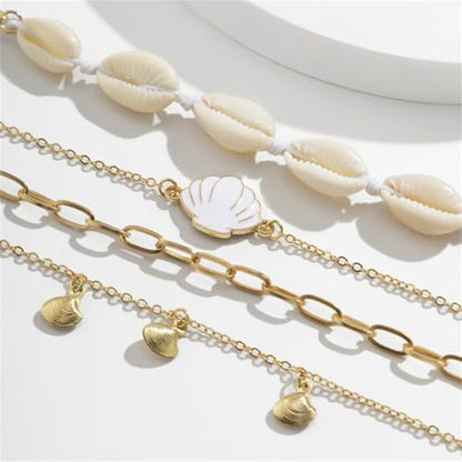 Shell Ankle Bracelet Set for Women,Boho Adjustable Beads Anklet Pack Natural White Shells Stack Stretch Seashell Pearl Starfish Bracelet Set Hawaiian Beach Vacation Foot Jewelry - style: A-Shell 4Pcs