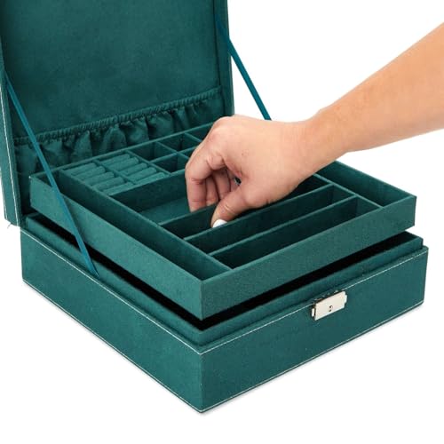 Juvale Velvet Jewelry Box Organizer - 10.5 x 10.5 x 3.5 in, Green - Lockable 2-Tier Travel Jewelry Case & Earring Storage - Removable Tray & Built-In Necklace Organizer - color: Green