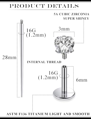 20G 18G 16G Astm F136 Titanium Internal Thread Flat Back Earrings Nose Studs Tragus Helix Conch Cartilage Lobe Earrings Medusa Labret Snake Bite Monroe Lip Ring Piercing Jewelry For Women Men - color: Clear, size: 16G-6MM Bar-CZ 3MM