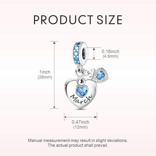 BLUELUNE Birthstone Charms, 925 Sterling Silver Dangle Charm with 5A Cubic Zirconia for Bracelets or Necklaces, Birthday, Mother's Day Present for Women - color: March