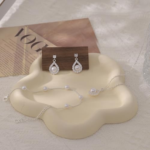 Jewelry Sets for Women,Dainty 14k Gold Plated Pearl Earrings Necklace Bracelet Fashion Silver Bridal Jewelry accessories SimpleWedding Jewelry Sets for Brides - color: silver
