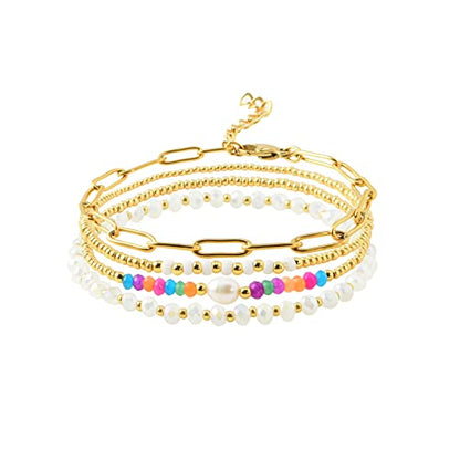 Dainty Gold Plated Pearl Crystal Beaded Bracelets Set for Women 14K Gold Plated Bead Pearl Beads Bracelet Stackable Paperclip Link Chain Bracelets Gold Plated Bracelets for Women Trendy Jewelry - color: Style1