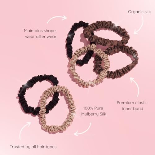 SILKIE x6 Set 100% Pure Mulberry Silk Black Brown Chocolate Pink Nude Neutral Skinny Scrunchies Travel Pouch Everyday Hair Ties Elastics Hair Care Ponytail Holder No Damage (Truffle) - color: Truffle
