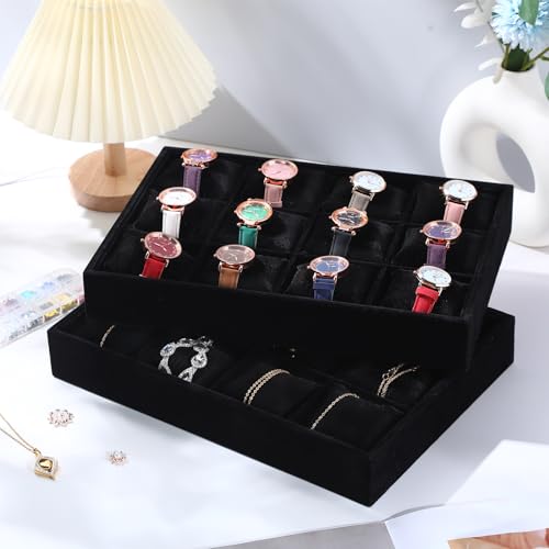 Sureio 36 Slots Grid Watch Drawer Organizer Bracelet Pillows for Jewelry Display Watch Tray Holder for Women Girls Gifts(Black)