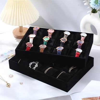 Sureio 36 Slots Grid Watch Drawer Organizer Bracelet Pillows for Jewelry Display Watch Tray Holder for Women Girls Gifts(Black)