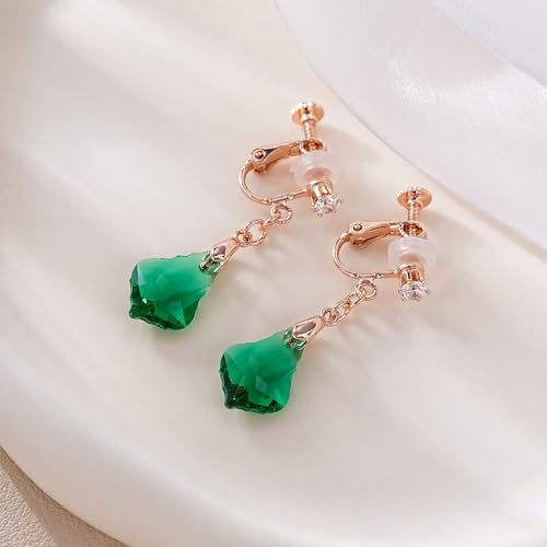 Austrian Crystal Baroque Drop Clip On Dangle Earrings for Women Non Pierced 14K Rose Gold Plated Hypoallergenic Jewelry - color: Emerald Green